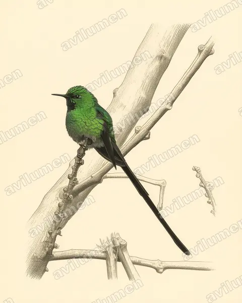 Ilustración en Lámina antigua: Lesbia nuna (Colibrí colilargo menor​)