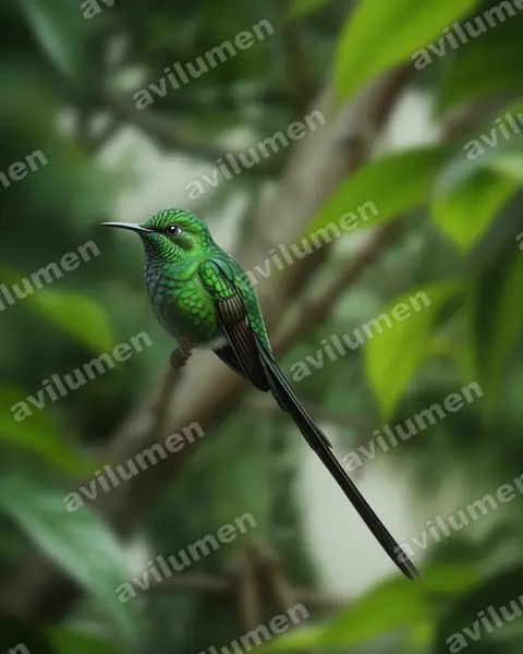Ilustración en Realista: Lesbia nuna (Colibrí colilargo menor​)
