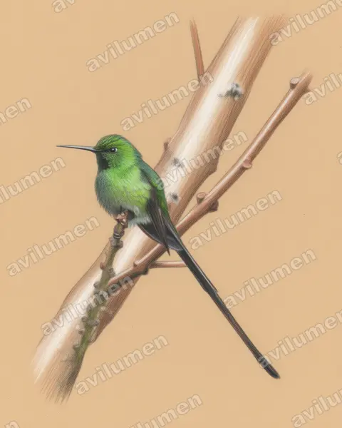 Ilustración en Lápiz de color: Lesbia nuna (Colibrí colilargo menor​)