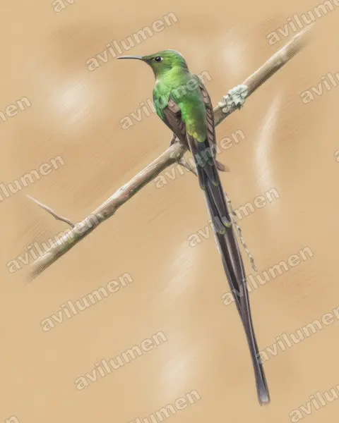 Illustration Crayon de couleur : Lesbia victoriae (Porte-traîne lesbie)