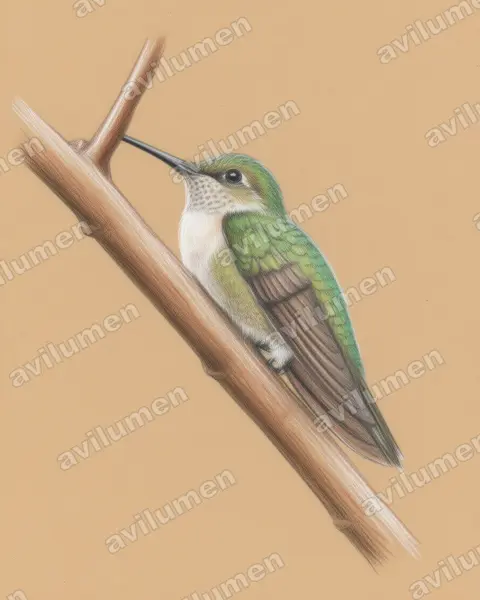 Colored pencil illustration: Leucippus chlorocercus (Olive-spotted hummingbird)
