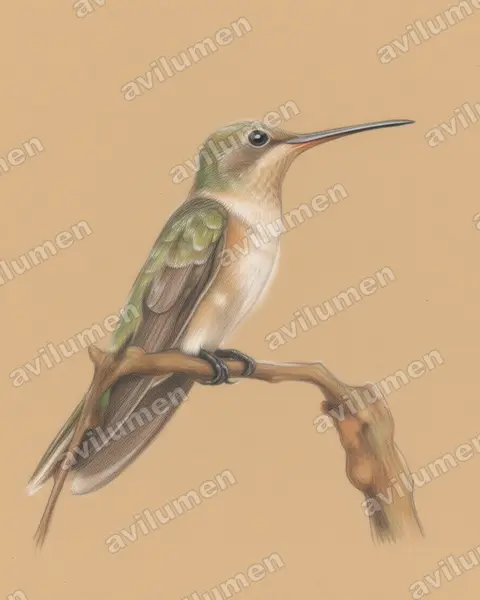 淡黄薮蜂鸟（Leucippus fallax）的彩色铅笔插画