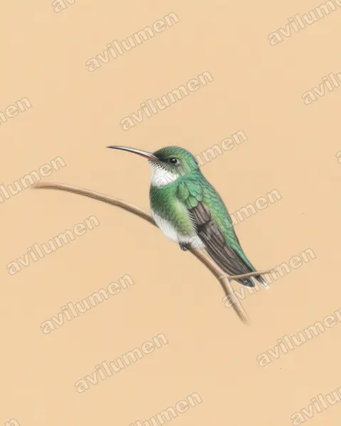 Colored pencil illustration: Leucochloris albicollis (White-throated hummingbird)