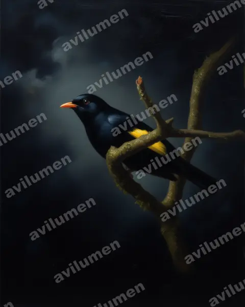 Oil illustration: Lipaugus ater (Black-and-gold Cotinga)