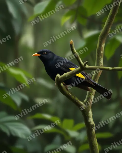 Realistic illustration: Lipaugus ater (Black-and-gold Cotinga)