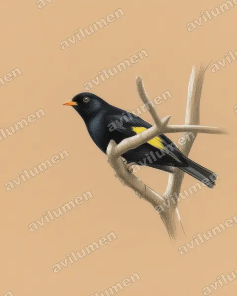 Colored pencil illustration: Lipaugus ater (Black-and-gold Cotinga)