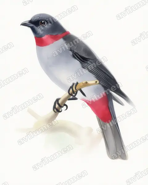 Watercolor illustration: Lipaugus streptophorus (Rose-collared Piha)