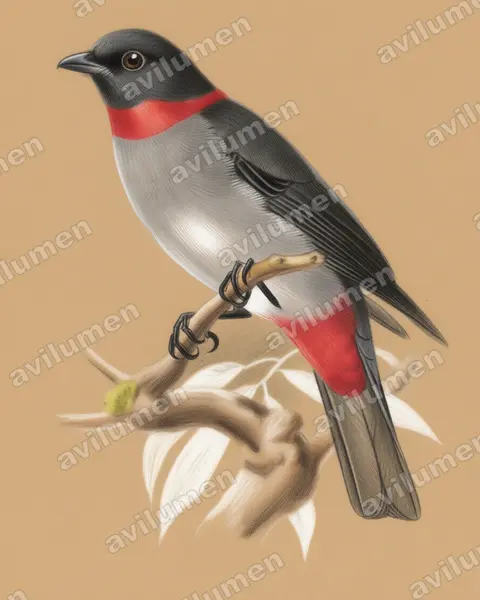 Colored pencil illustration: Lipaugus streptophorus (Rose-collared Piha)