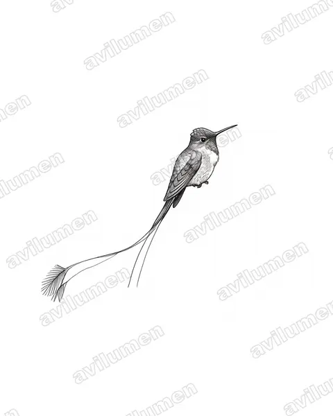 叉拍尾蜂鳥（Loddigesia mirabilis）的钢笔墨线插画
