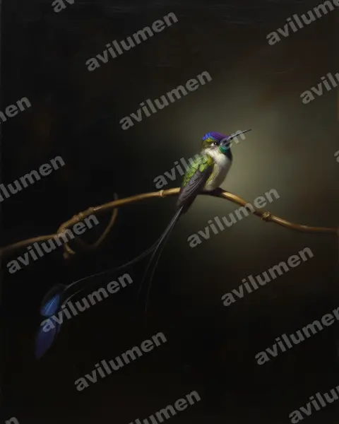 叉拍尾蜂鳥（Loddigesia mirabilis）的油画插画