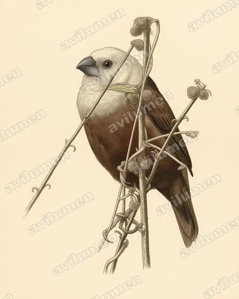 Ilustración en Lámina antigua: Lonchura caniceps (Capuchino canoso)