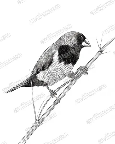 黑喉文鸟（Lonchura leucogastroides）的钢笔墨线插画