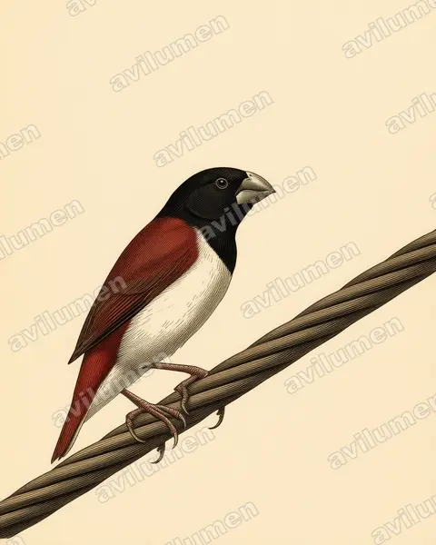 Vintage plate illustration: Lonchura malacca (Tricoloured munia)