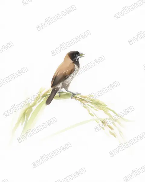 Illustration Aquarelle : Lonchura molucca (Capucin jacobin)
