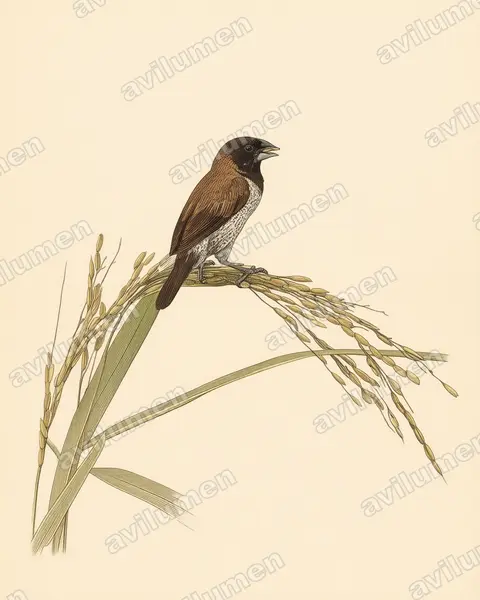 Illustration Planche ancienne : Lonchura molucca (Capucin jacobin)
