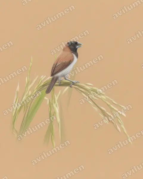 Illustration Crayon de couleur : Lonchura molucca (Capucin jacobin)