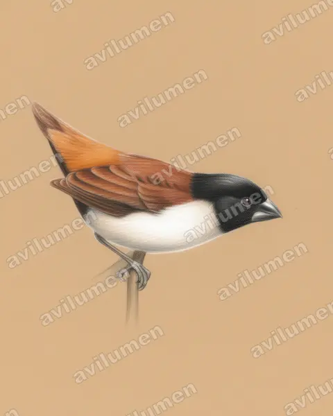Colored pencil illustration: Lonchura spectabilis (Hooded mannikin)
