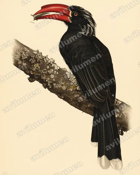 Illustration im Stil Historische Tafel: Kronentoko (Lophoceros alboterminatus)