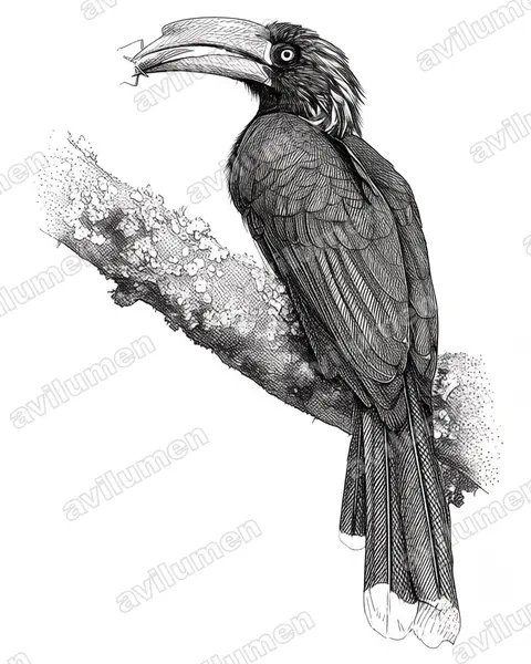 Illustration im Stil Tusche: Kronentoko (Lophoceros alboterminatus)