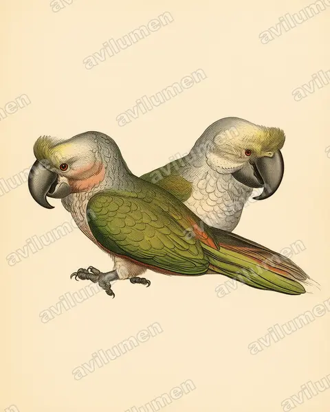 Ilustración en Lámina antigua: Lophopsittacus mauritianus (Loro de pico ancho)
