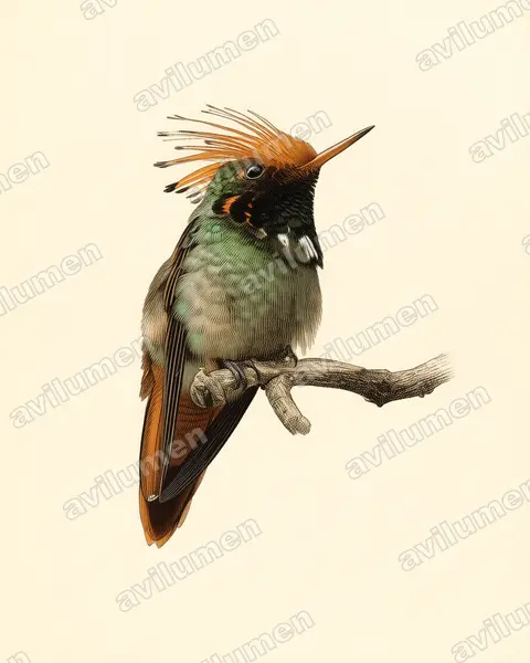 Ilustración en Lámina antigua: Lophornis delattrei (Coqueta crestirrufa)