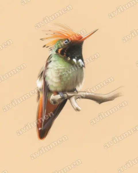 Ilustración en Lápiz de color: Lophornis delattrei (Coqueta crestirrufa)
