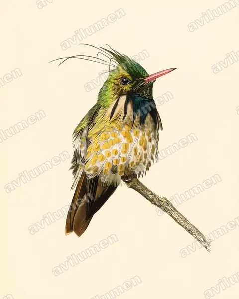 Illustration im Stil Historische Tafel: Schwarzschopfelfe (Lophornis helenae)