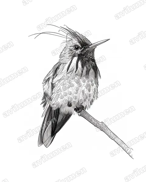 Illustration im Stil Tusche: Schwarzschopfelfe (Lophornis helenae)