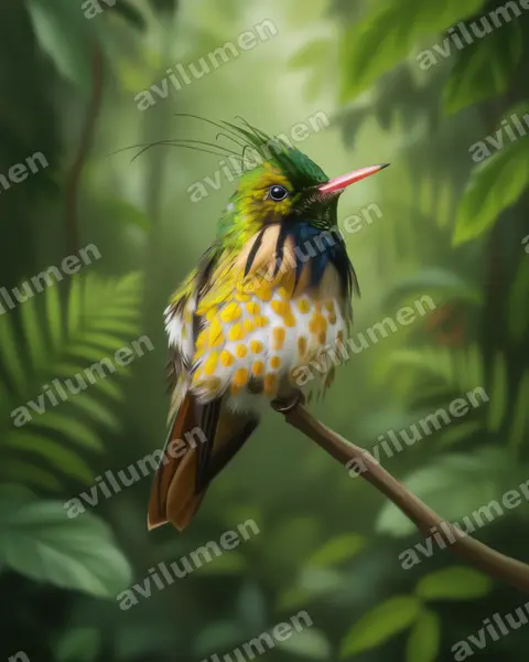 Illustration im Stil Realistisch: Schwarzschopfelfe (Lophornis helenae)