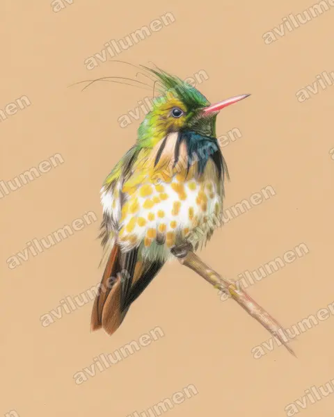 Illustration im Stil Buntstift: Schwarzschopfelfe (Lophornis helenae)