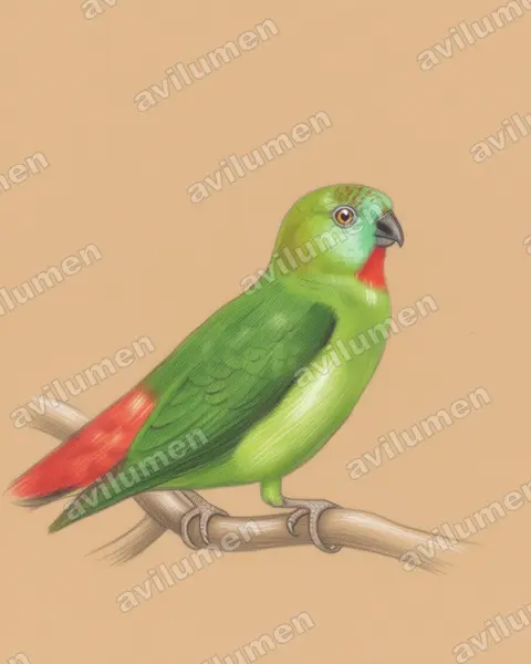 Orange-fronted Hanging Parrot（Loriculus aurantiifrons）的彩色铅笔插画