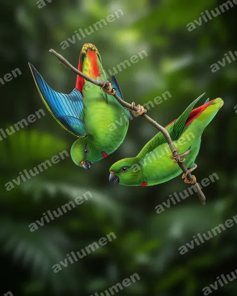 Realistic illustration: Loriculus catamene (Sangihe Hanging Parrot)