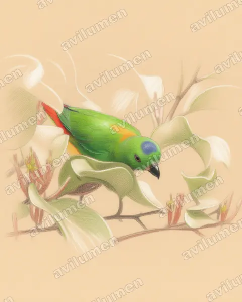 Illustration im Stil Buntstift: Blaukrönchen (Loriculus galgulus)