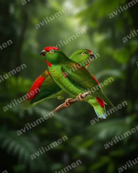 Realistic illustration: Loriculus stigmatus (Great Hanging Parrot)