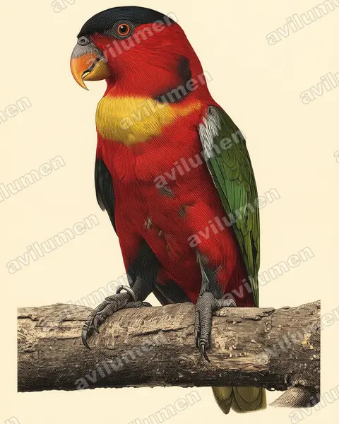 Ilustración en Lámina antigua: Lorius chlorocercus (Lori acollarado)