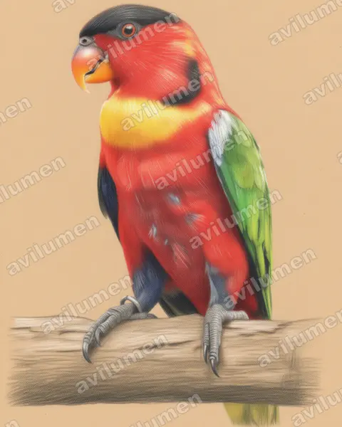 Ilustración en Lápiz de color: Lorius chlorocercus (Lori acollarado)
