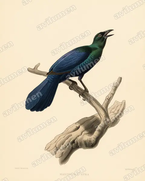 Ilustración en Lámina antigua: Manucodia ater (Ave del paraíso negra)