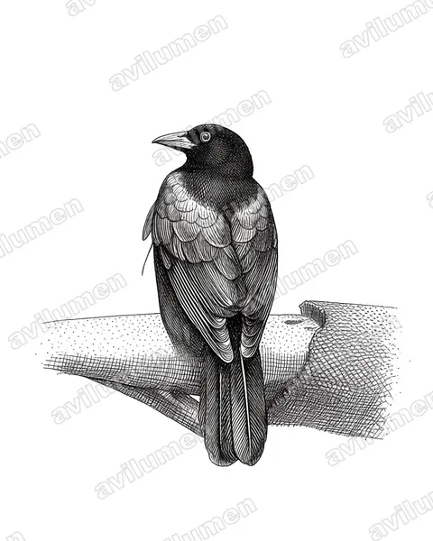 Ilustración en Tinta: Manucodia chalybatus (Ave del paraíso metálica​)