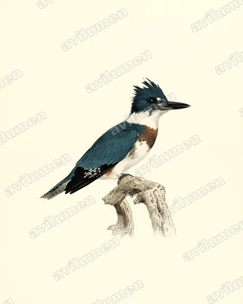 Illustration Planche ancienne : Megaceryle alcyon (Martin-pêcheur d'Amérique)