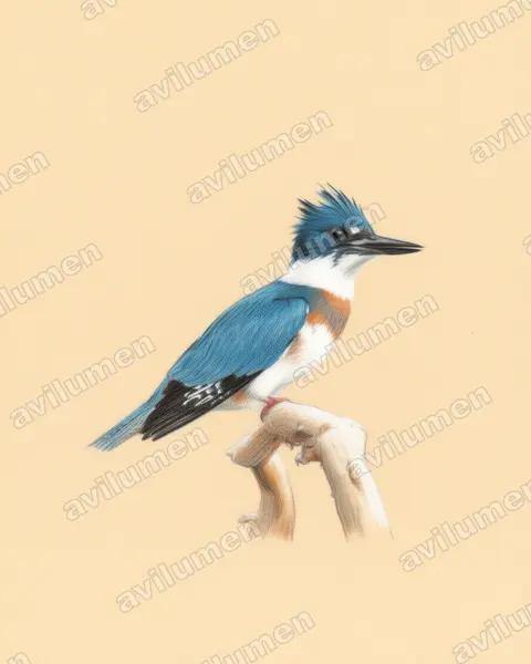 Illustration Crayon de couleur : Megaceryle alcyon (Martin-pêcheur d'Amérique)