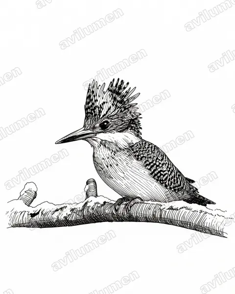 冠鱼狗（Megaceryle lugubris）的钢笔墨线插画