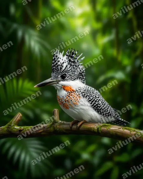 冠鱼狗（Megaceryle lugubris）的写实插画
