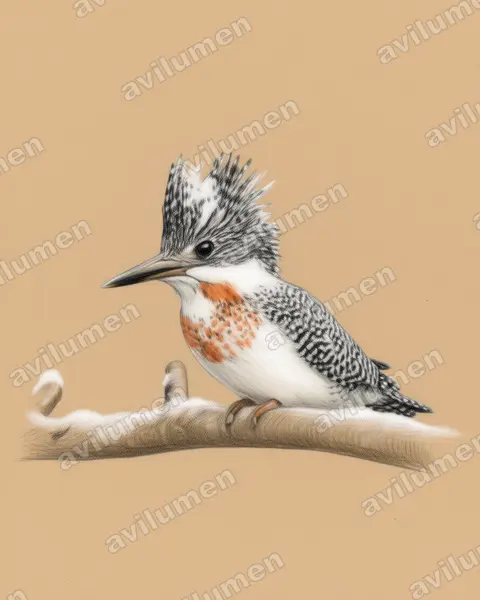 冠鱼狗（Megaceryle lugubris）的彩色铅笔插画