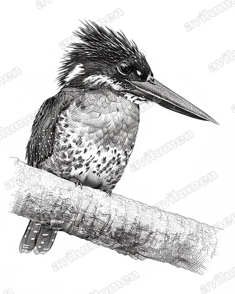 大鱼狗（Megaceryle maxima）的钢笔墨线插画