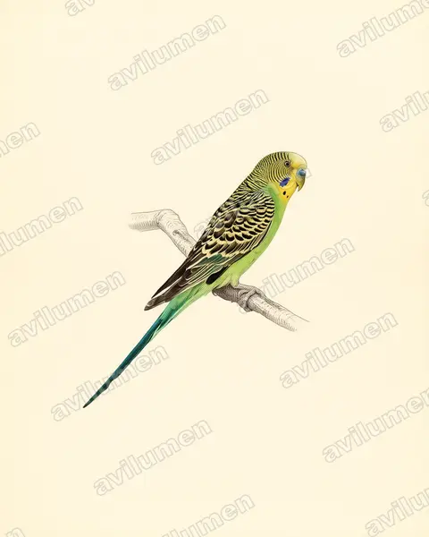 Ilustración en Lámina antigua: Melopsittacus undulatus (Melopsittacus undulatus)