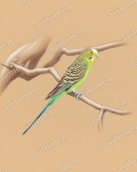 Ilustración en Lápiz de color: Melopsittacus undulatus (Melopsittacus undulatus)