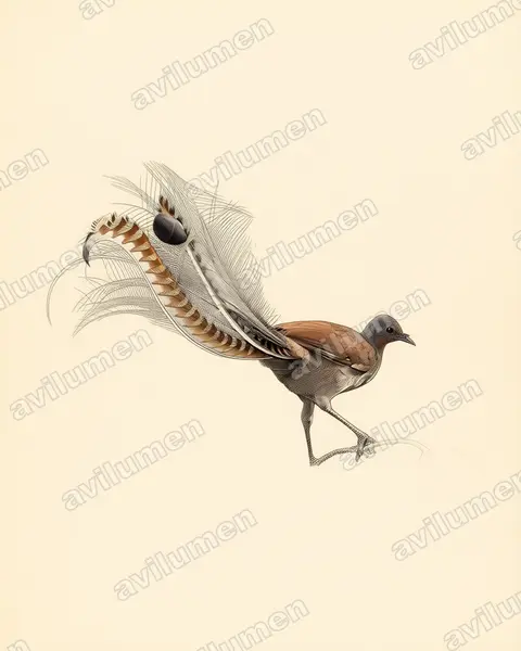 Ilustración en Lámina antigua: Menura novaehollandiae (Ave lira soberbia)