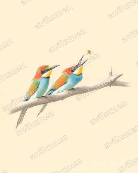 黄喉蜂虎（Merops apiaster）的彩色铅笔插画