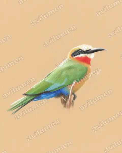 白額蜂虎（Merops bullockoides）的彩色铅笔插画