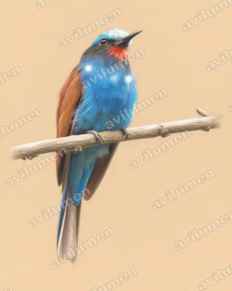 Colored pencil illustration: Merops muelleri (Blue-headed Bee-eater)